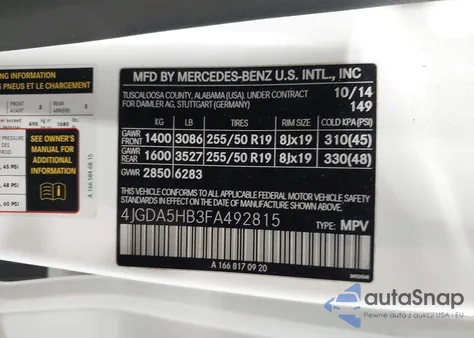 2015 Mercedes-Benz Ml 350 4Matic из США, поврежденный, VIN 4JGDA5HB3FA492815